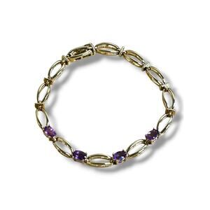 Gold Tone Purple Accents Link Tennis Bracelet Box Lock Clasp 7 1/2 Inches